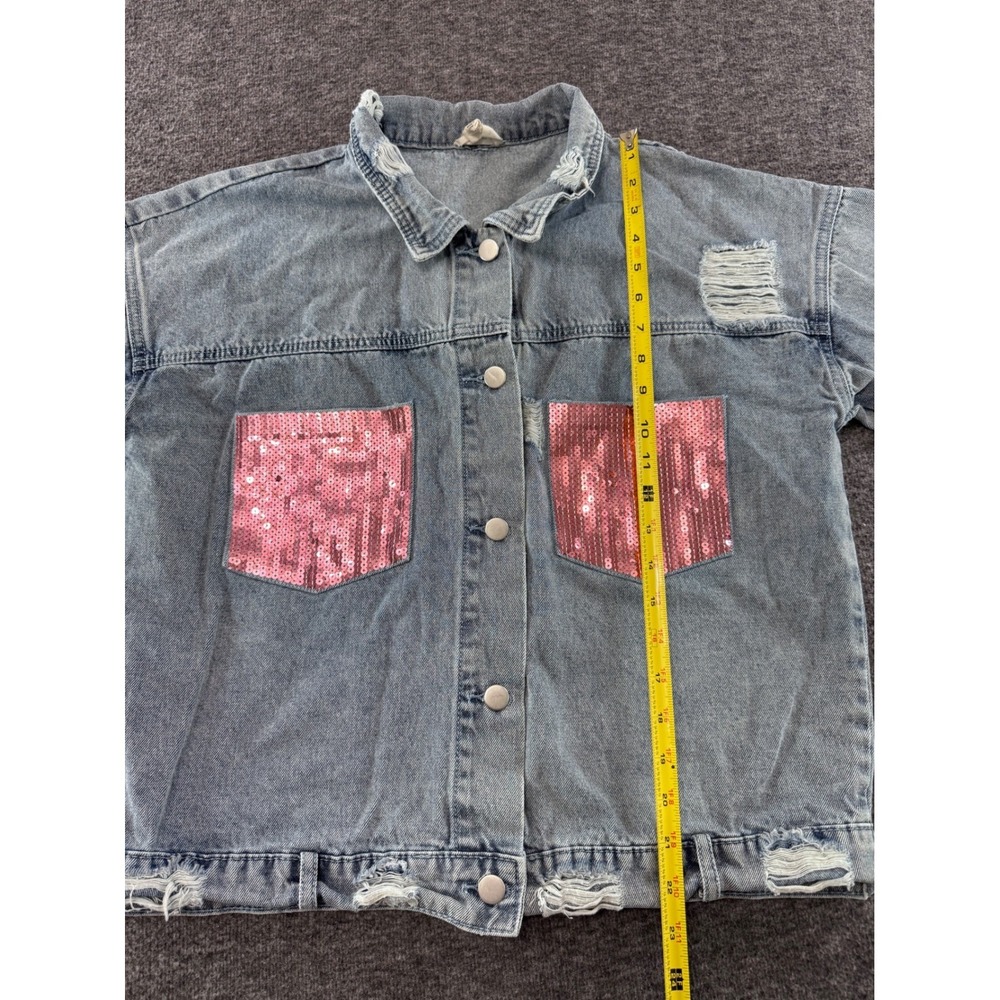 BIBI Distressed Denim Jacket Pink Sequin Pockets Light Wash Cotton Large - Picture 6 of 10